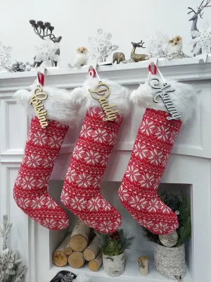 23" Fair Isle Snowflake Christmas Stocking | Red White Knit with Pom Poms Faux Fur Cuff Fun Festive Xmas Decor Personalized Wood Name Tag