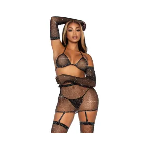 5 Pc Rhinestone Bikini Top G-String Garter   Skirt, Gloves and Stockings - One Size - Black
