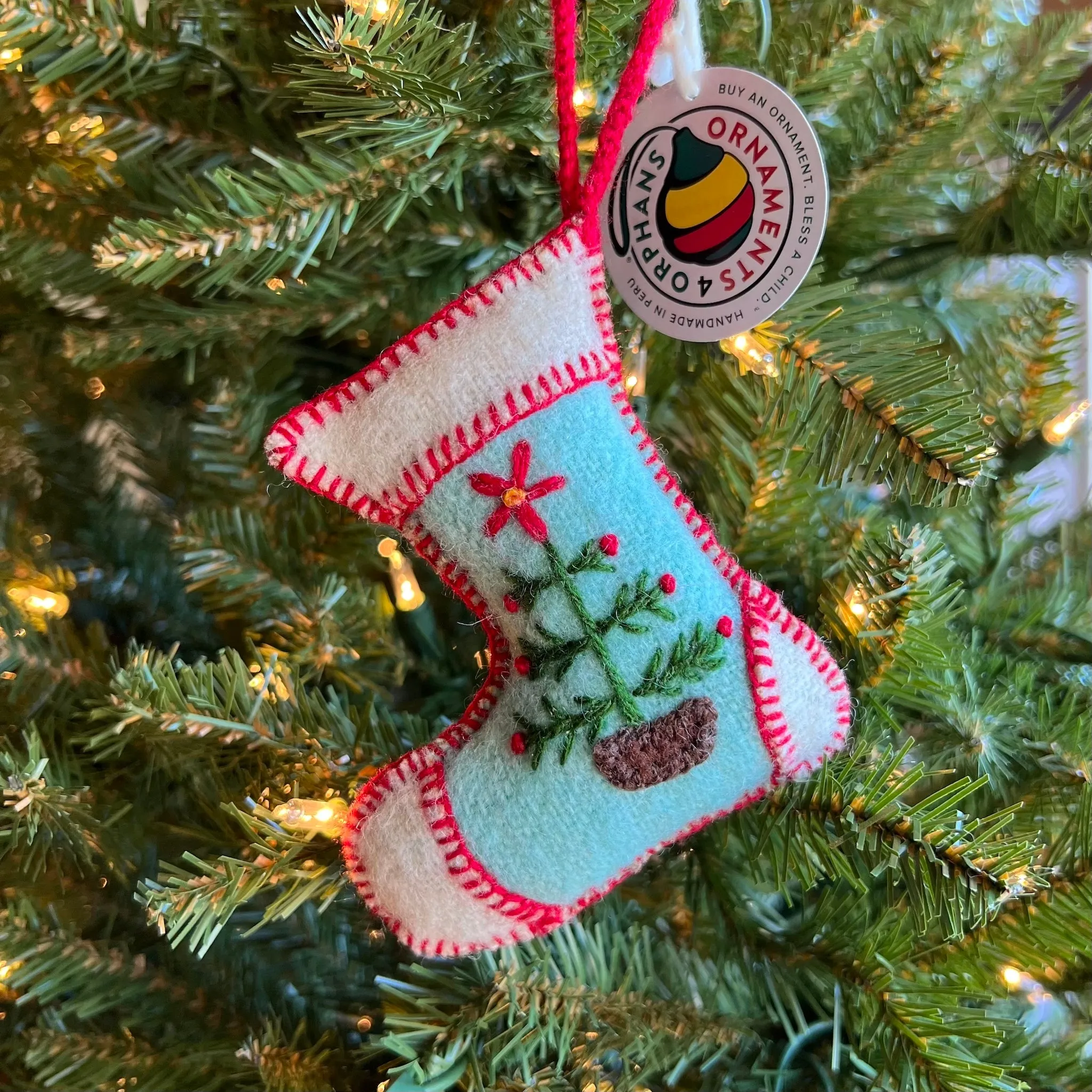 Blue Stocking Ornament, Embroidered Wool