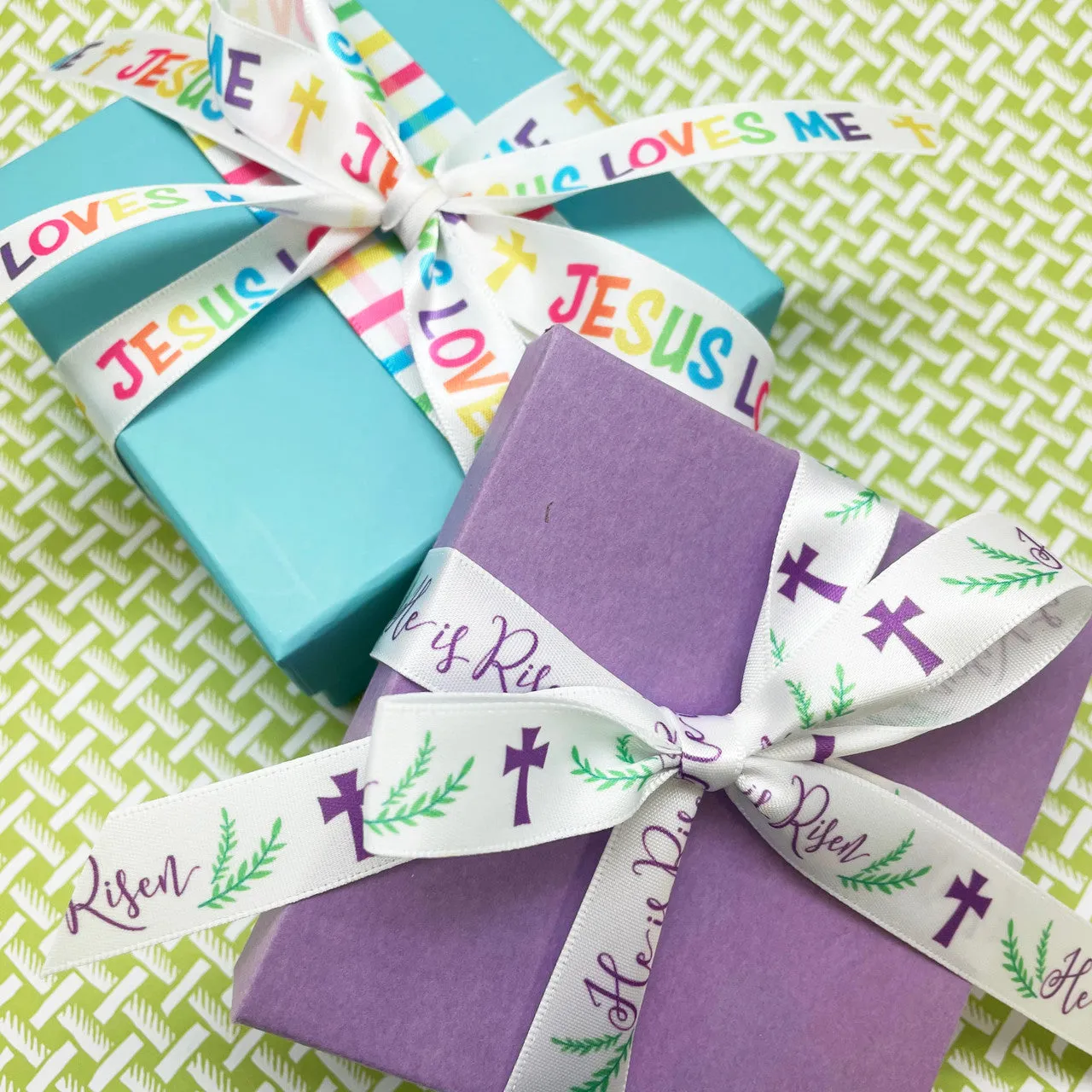 Easter Ribbon Christian Jesus Loves Me printed on 5/8" white satin