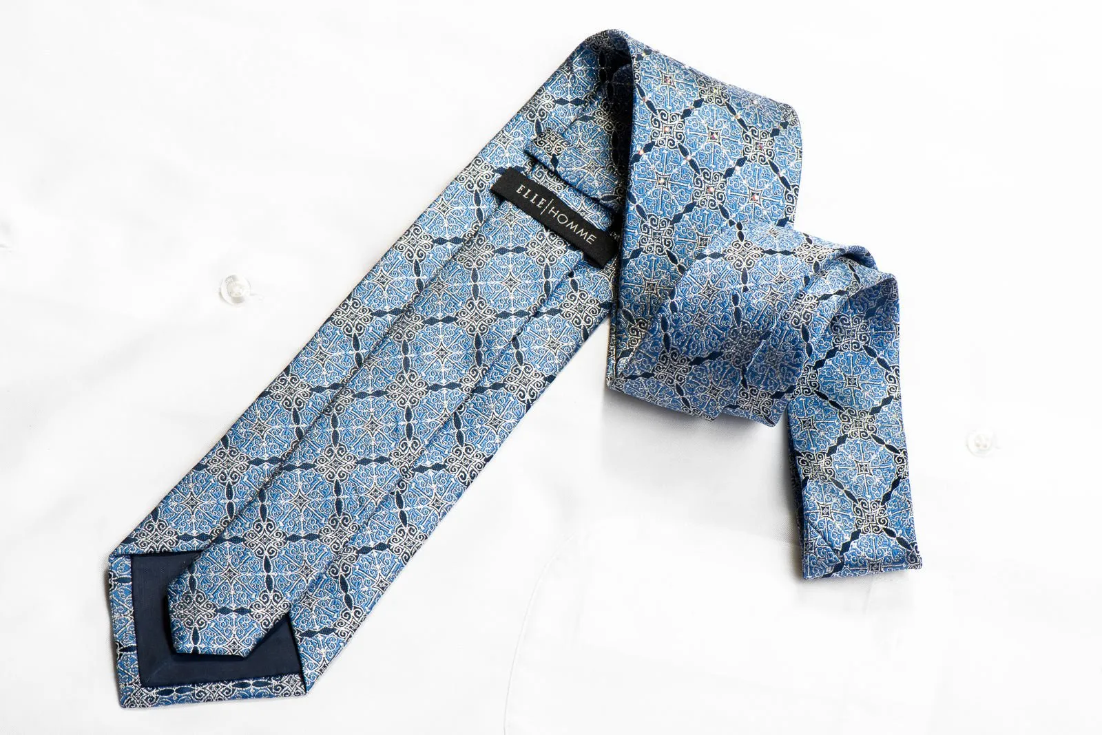 Elle Homme Rhinestone Silk Necktie Silver Cartouche On Pale Blue With Sparkles