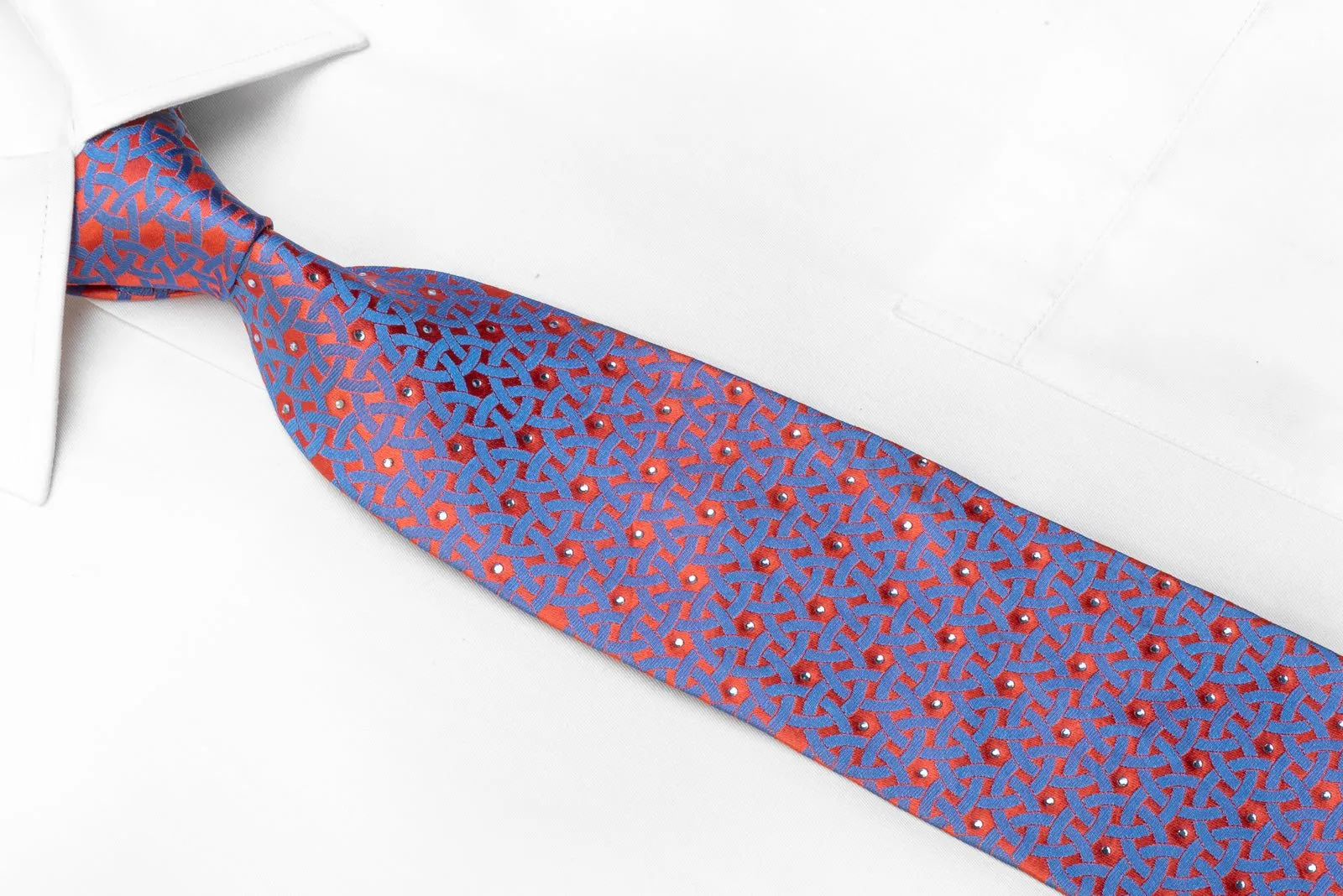 Franco Ferraro Men's Rhinestone Necktie Blue Geometric On Pink Silk