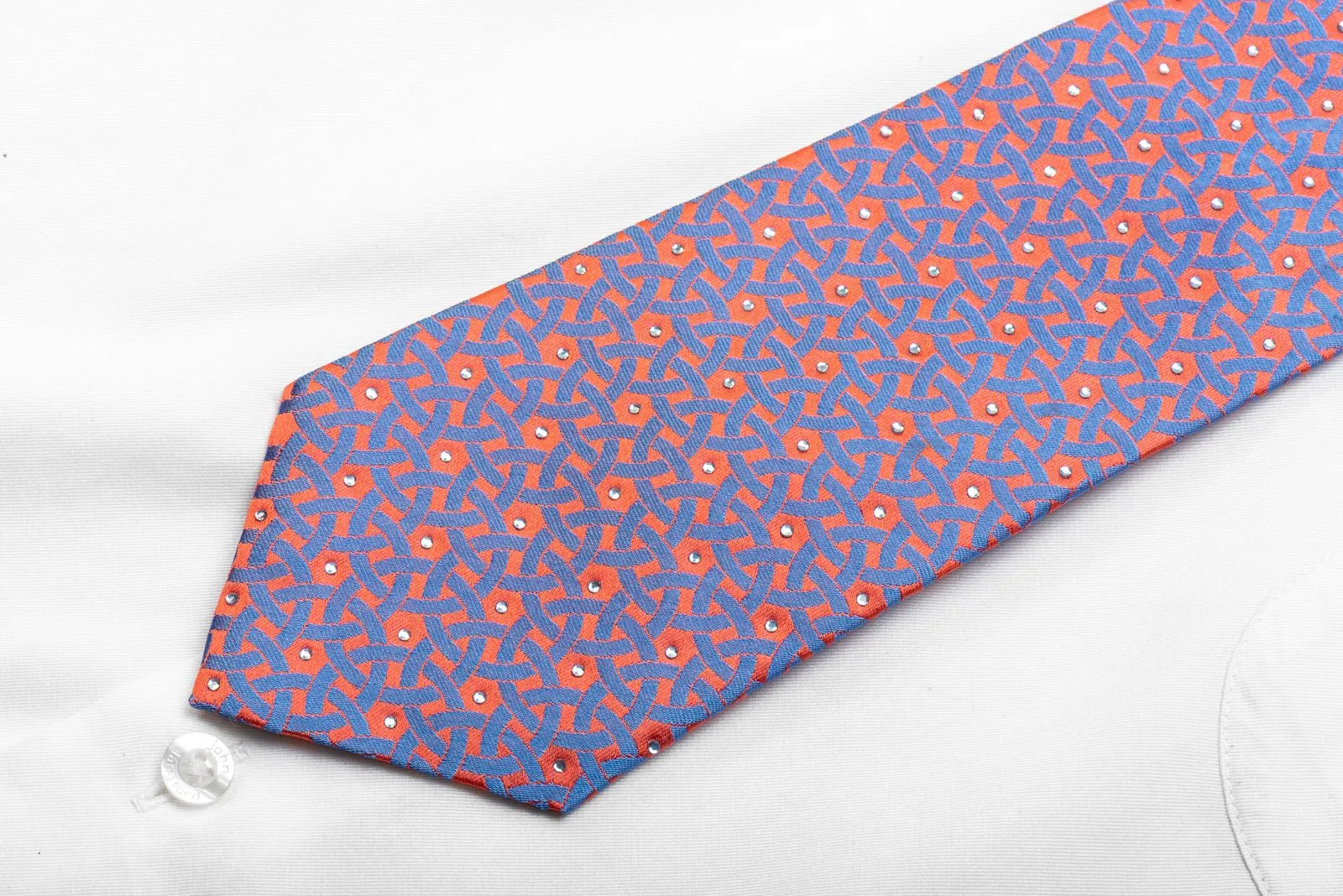 Franco Ferraro Men's Rhinestone Necktie Blue Geometric On Pink Silk