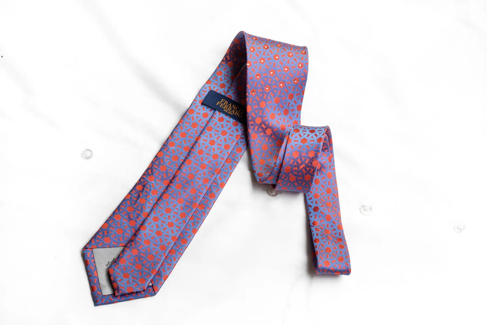 Franco Ferraro Men's Rhinestone Necktie Blue Geometric On Pink Silk