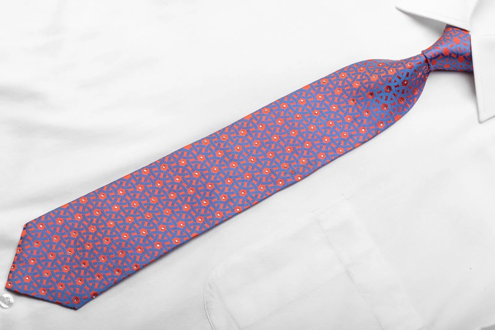 Franco Ferraro Men's Rhinestone Necktie Blue Geometric On Pink Silk