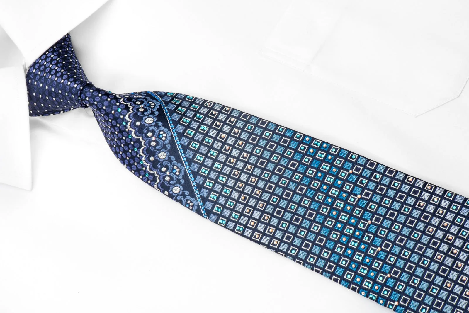 Giorgio Ferri Men's Rhinestone Silk Necktie Geometric Squares On Blue With Silver Sparkles
