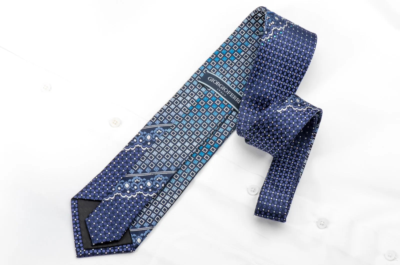 Giorgio Ferri Men's Rhinestone Silk Necktie Geometric Squares On Blue With Silver Sparkles