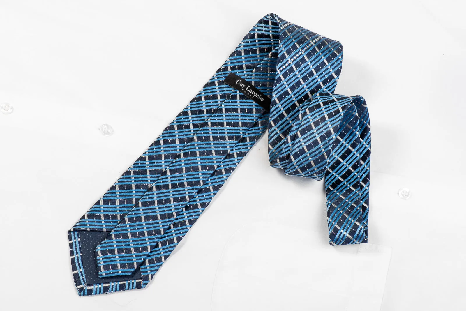 Guy Laroche Men's Rhinestone Tie Blue Silver Striped On Navy With Silver Sparkles