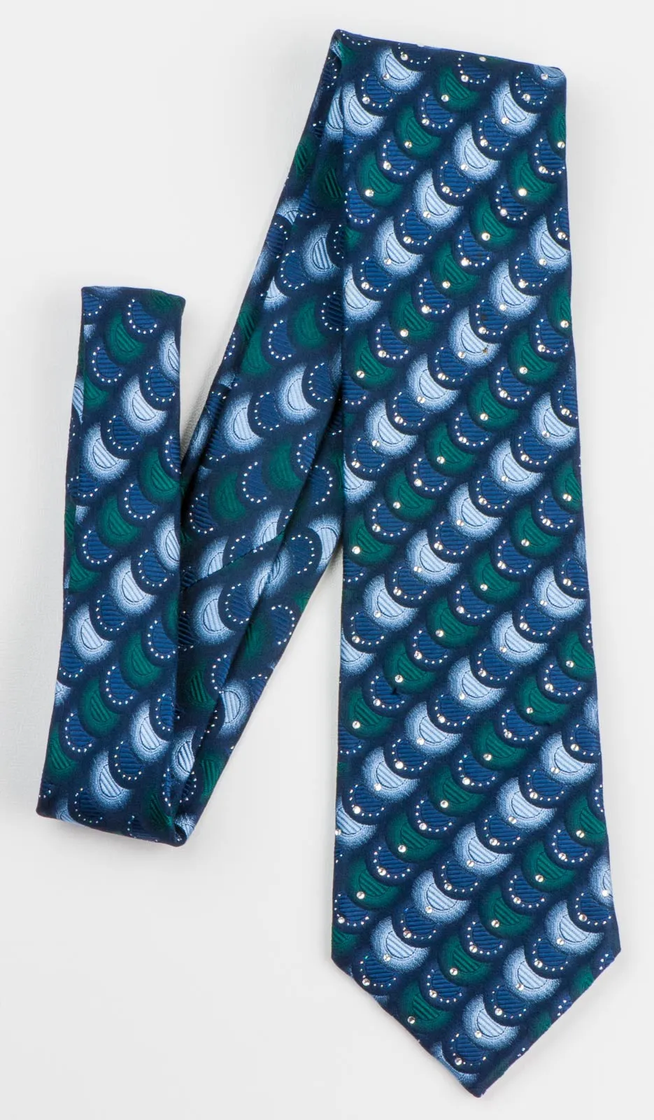 Indian Homme Silk Rhinestone Necktie Overlapping Circles On Blue With Silver Sparkles