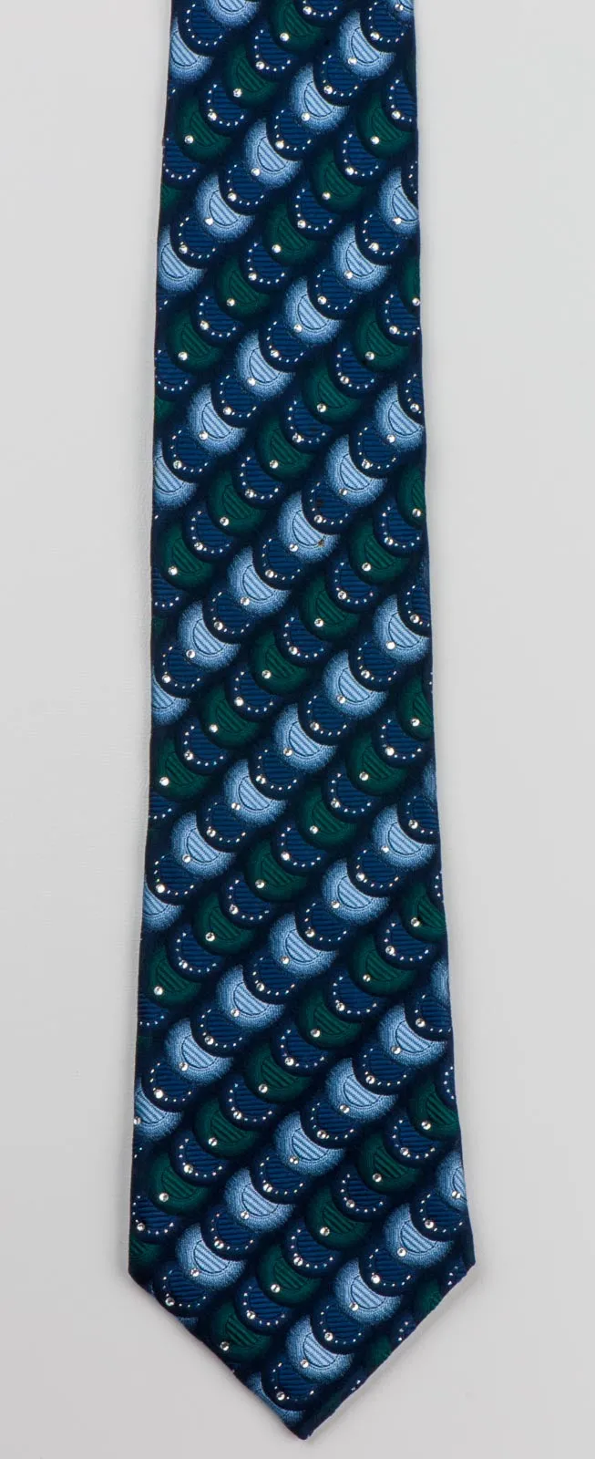 Indian Homme Silk Rhinestone Necktie Overlapping Circles On Blue With Silver Sparkles