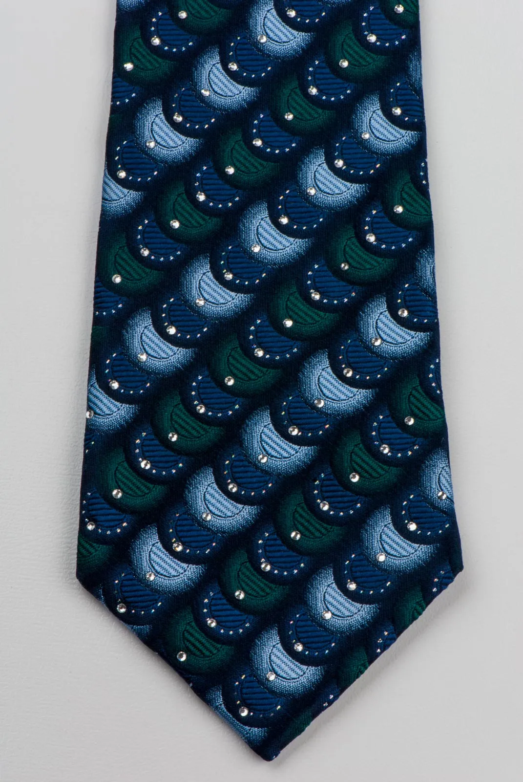 Indian Homme Silk Rhinestone Necktie Overlapping Circles On Blue With Silver Sparkles