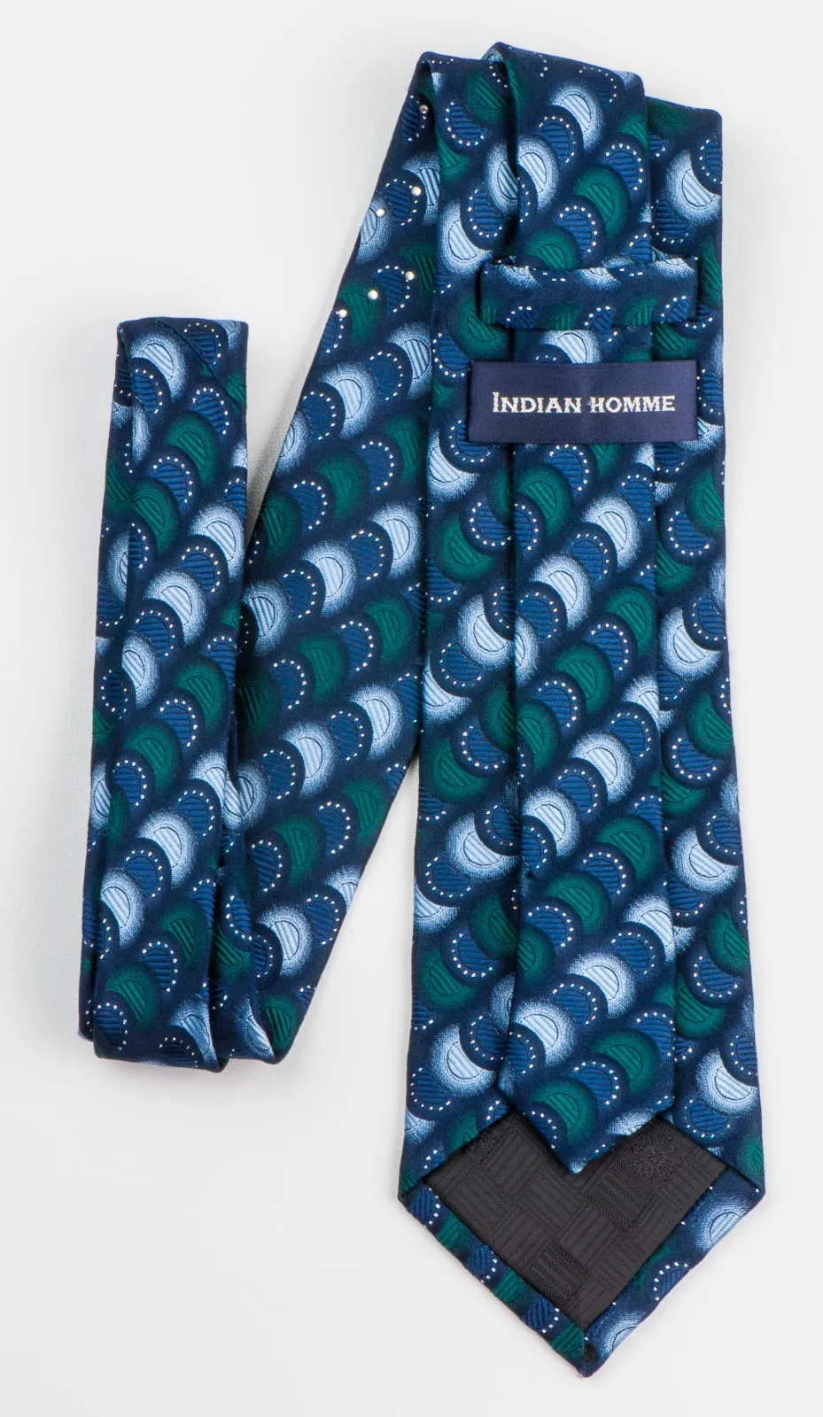 Indian Homme Silk Rhinestone Necktie Overlapping Circles On Blue With Silver Sparkles