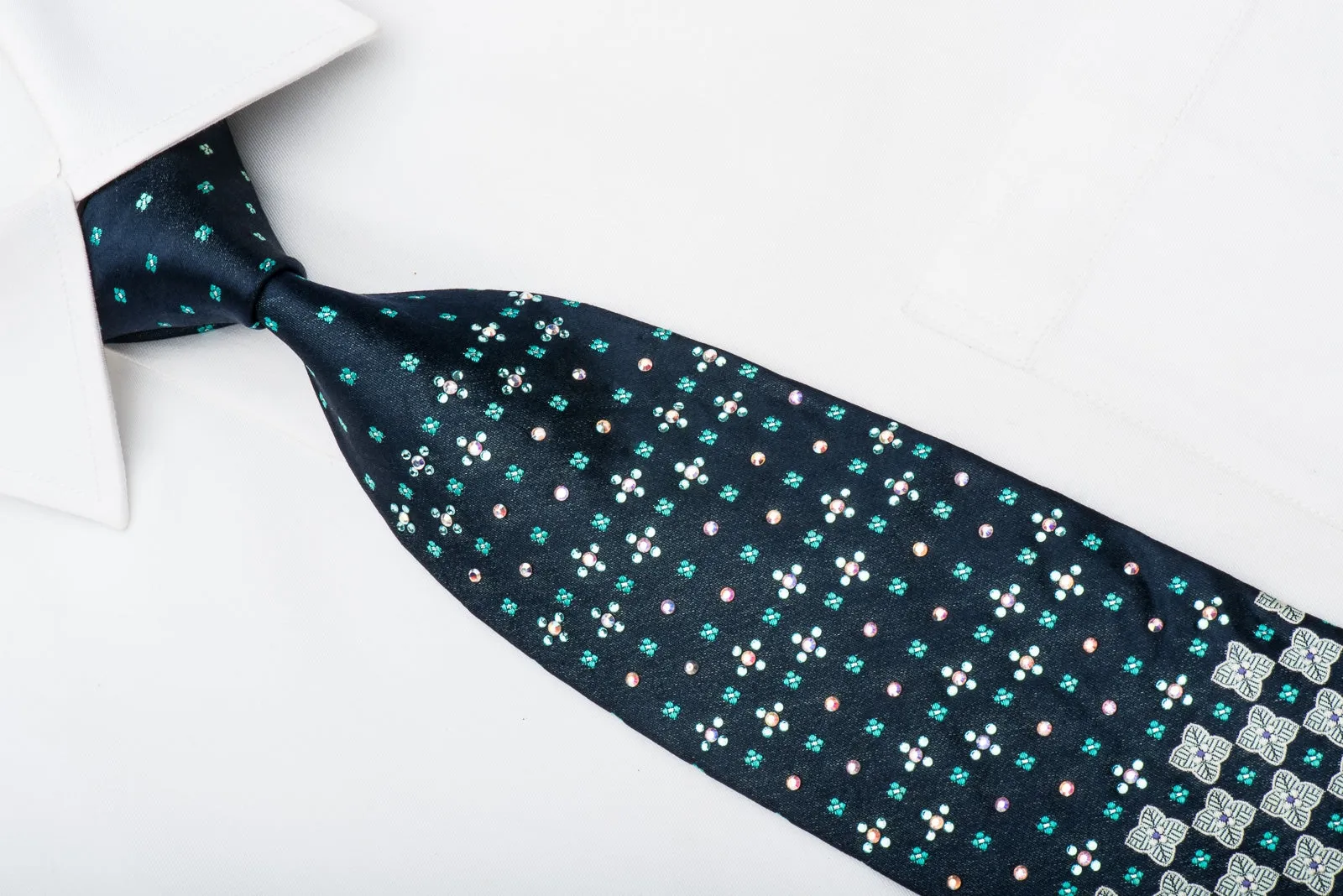 Lancetti Men's Rhinestone Tie Silver Checker Foulard On Navy Silk With Silver Sparkles