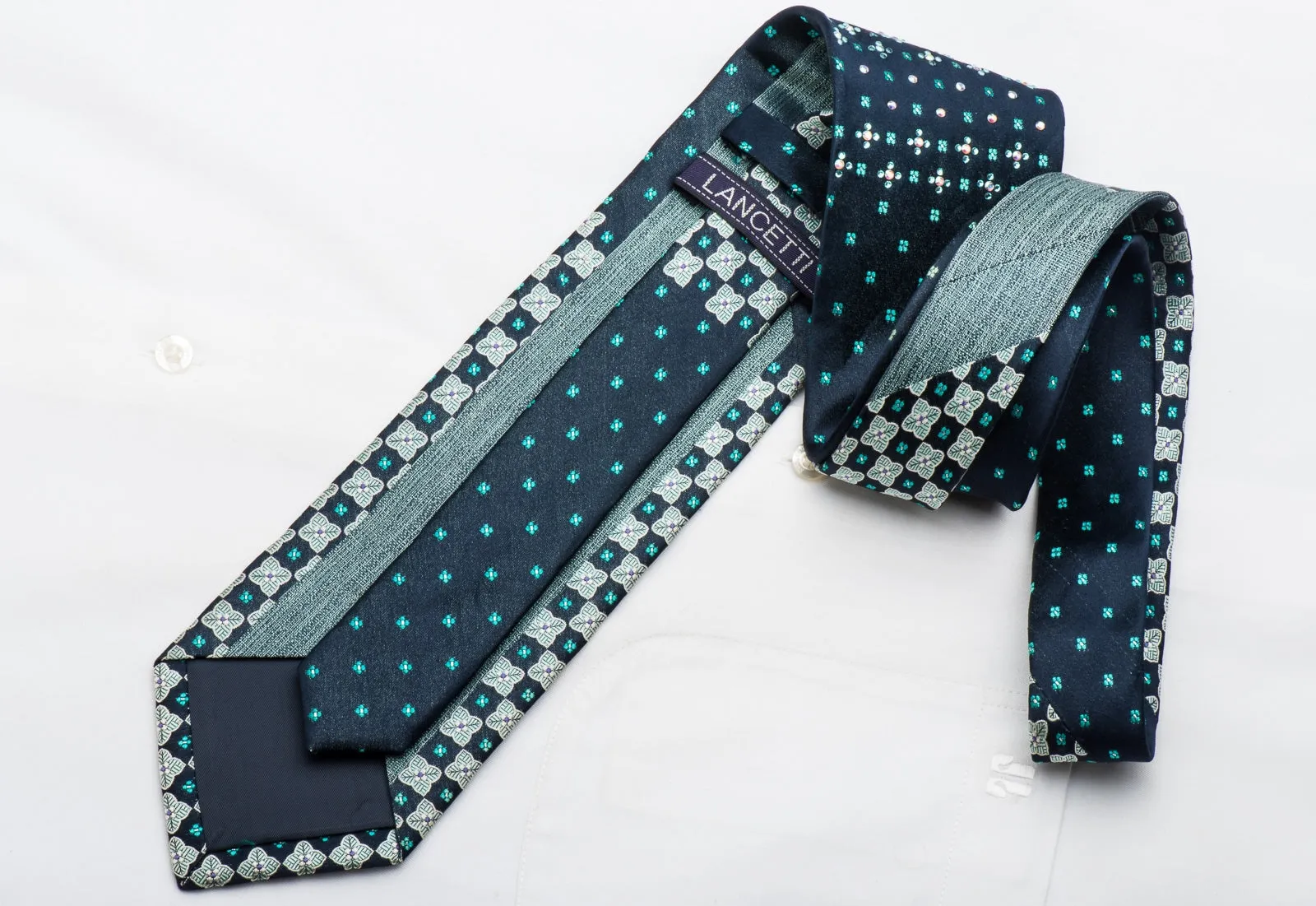 Lancetti Men's Rhinestone Tie Silver Checker Foulard On Navy Silk With Silver Sparkles