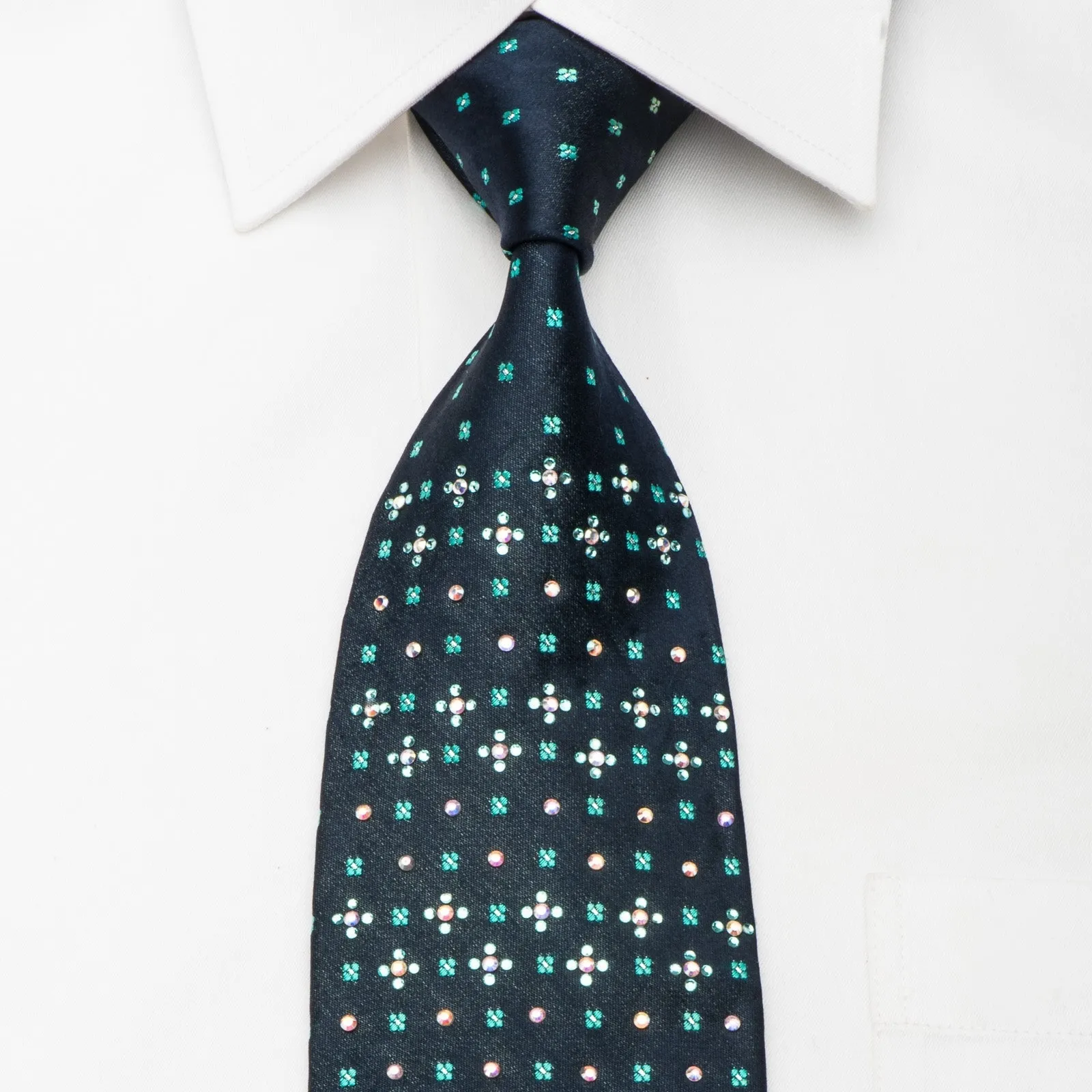 Lancetti Men's Rhinestone Tie Silver Checker Foulard On Navy Silk With Silver Sparkles