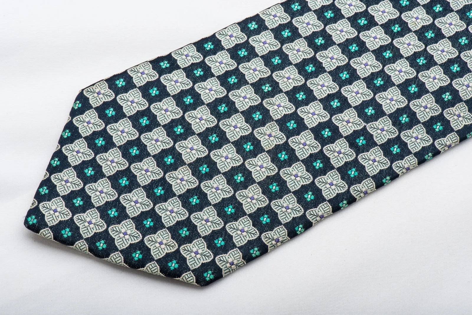 Lancetti Men's Rhinestone Tie Silver Checker Foulard On Navy Silk With Silver Sparkles