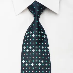 Lancetti Men's Rhinestone Tie Silver Checker Foulard On Navy Silk With Silver Sparkles