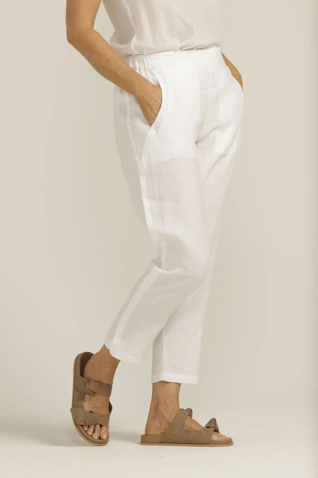 Linen Flat Front Tapered Pant White