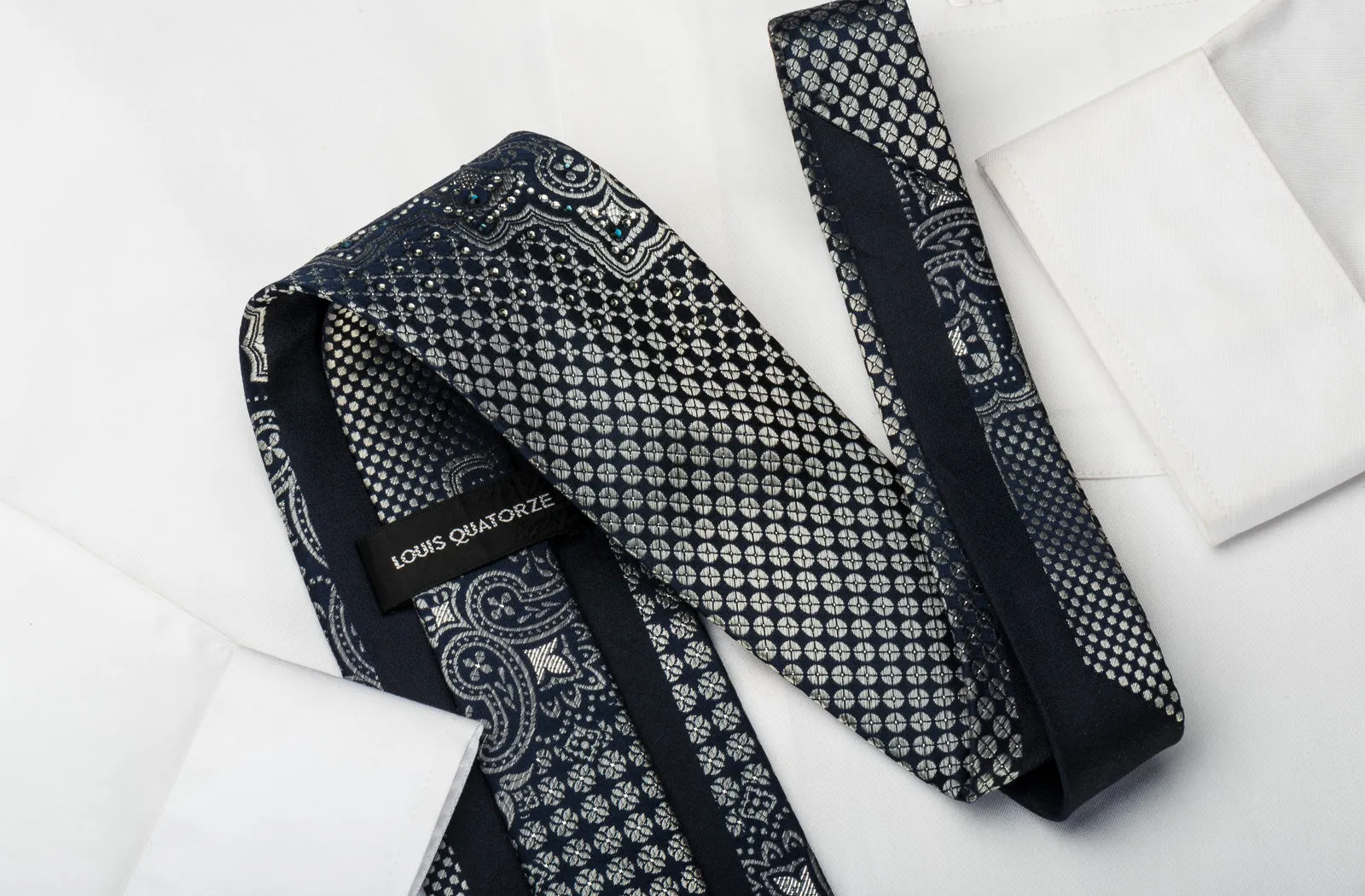 Louis Quatorze Silk Rhinestone Tie Silver Cartouche On Black With Silver Sparkles