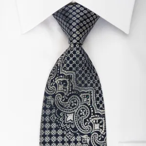 Louis Quatorze Silk Rhinestone Tie Silver Cartouche On Black With Silver Sparkles
