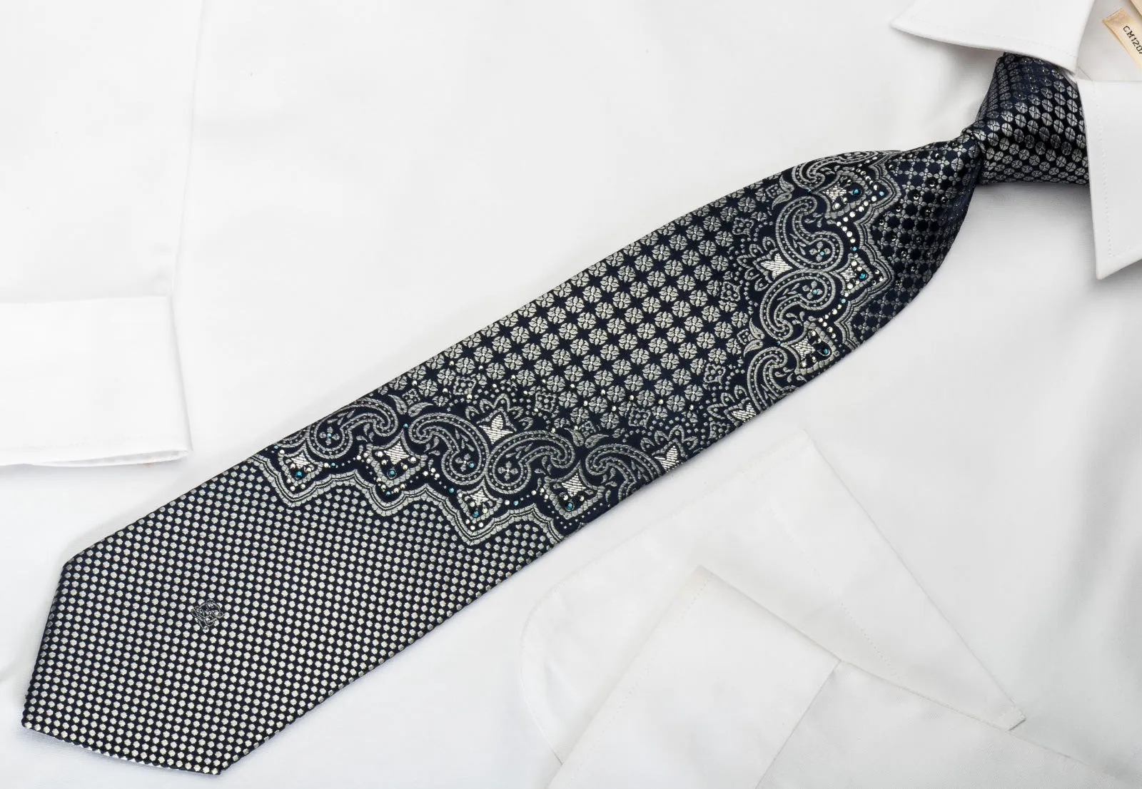Louis Quatorze Silk Rhinestone Tie Silver Cartouche On Black With Silver Sparkles