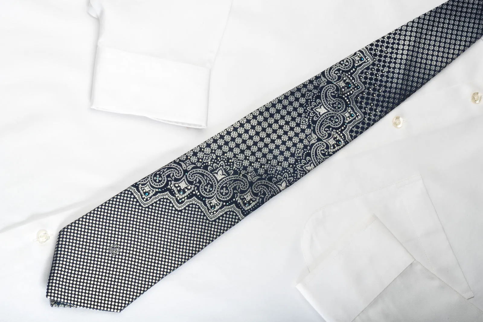 Louis Quatorze Silk Rhinestone Tie Silver Cartouche On Black With Silver Sparkles