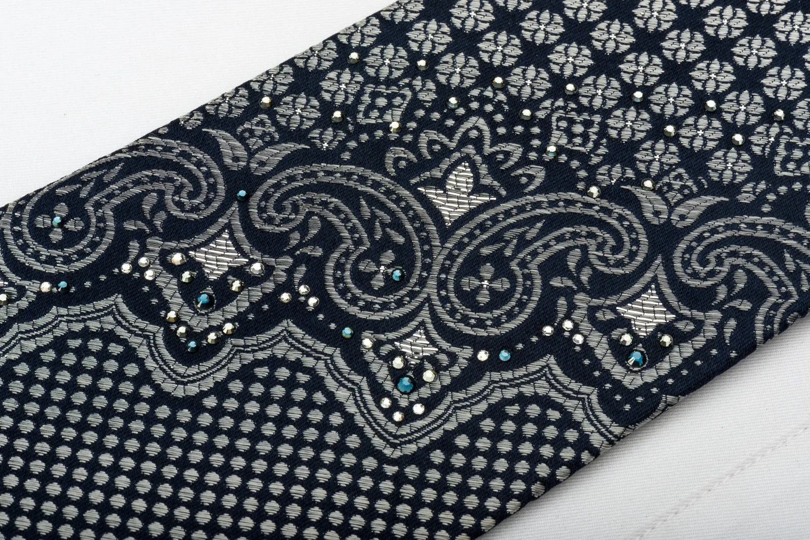 Louis Quatorze Silk Rhinestone Tie Silver Cartouche On Black With Silver Sparkles