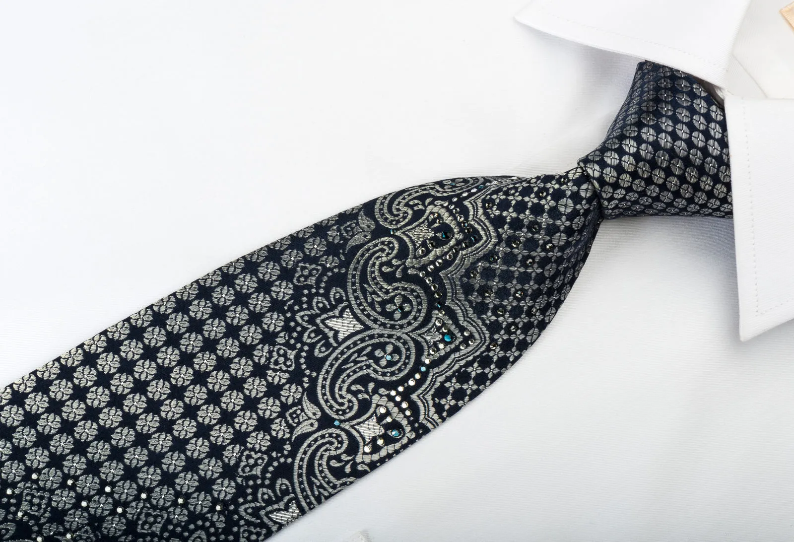 Louis Quatorze Silk Rhinestone Tie Silver Cartouche On Black With Silver Sparkles