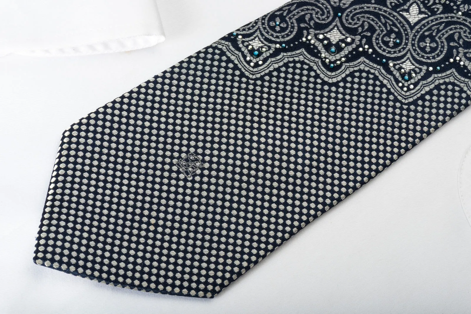 Louis Quatorze Silk Rhinestone Tie Silver Cartouche On Black With Silver Sparkles