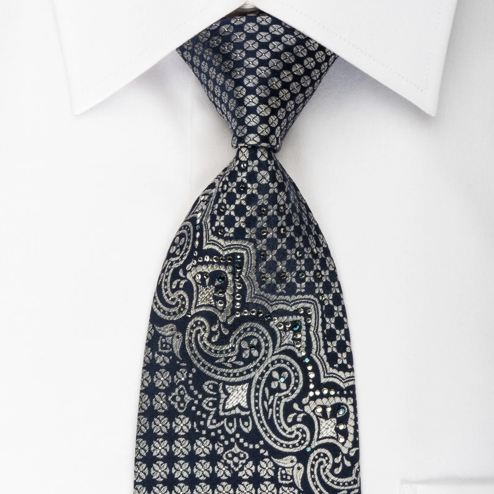 Louis Quatorze Silk Rhinestone Tie Silver Cartouche On Black With Silver Sparkles
