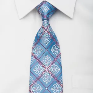 Metro City Rhinestone Necktie Burgundy Checker & Cartouche On Blue With Sparkles