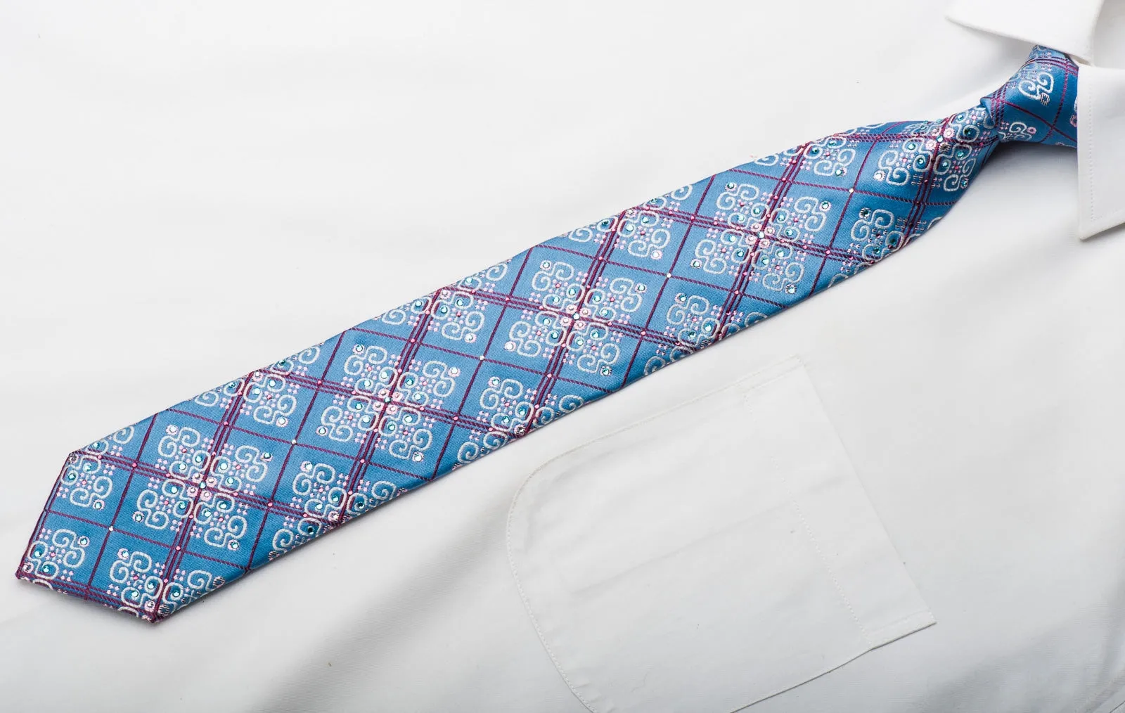 Metro City Rhinestone Necktie Burgundy Checker & Cartouche On Blue With Sparkles