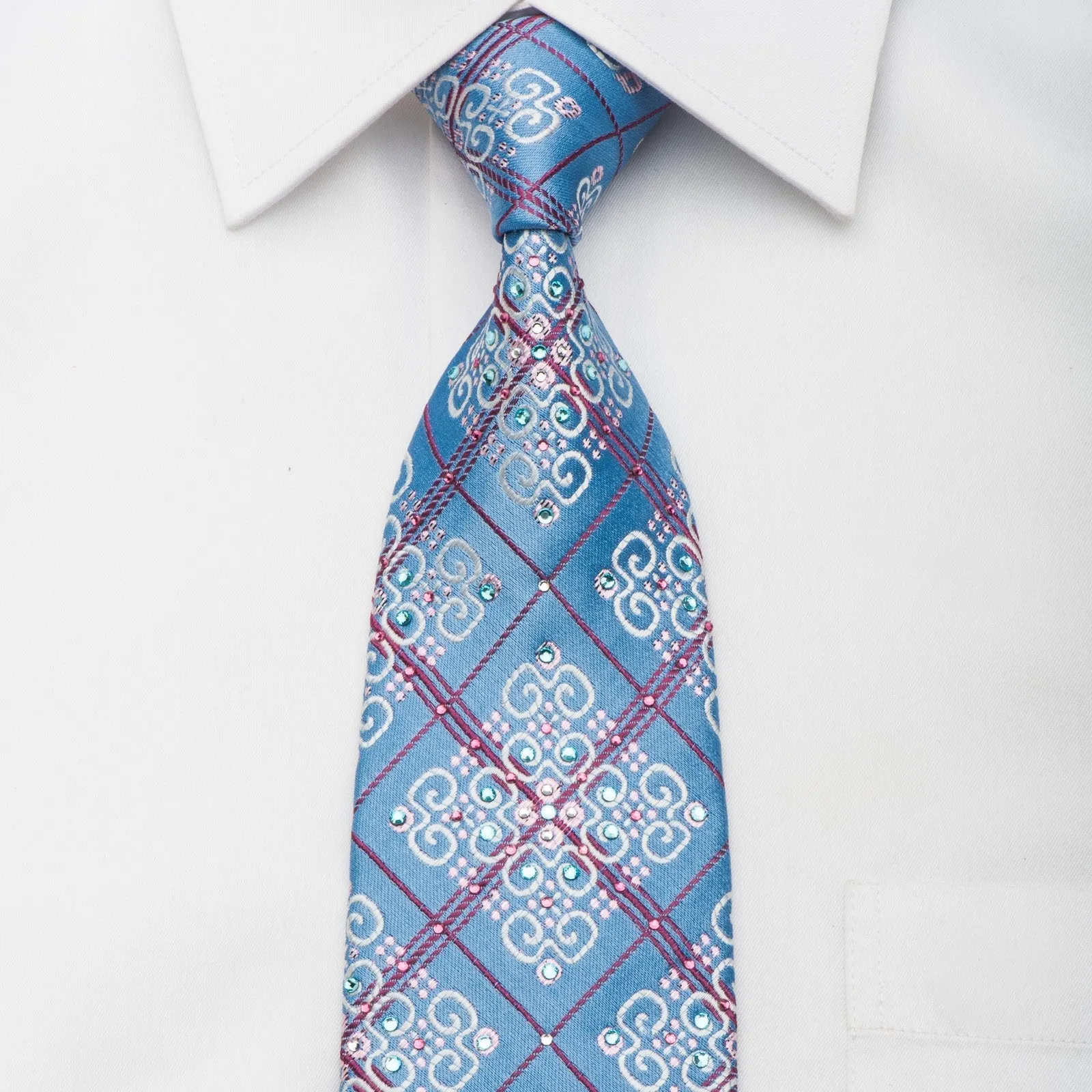 Metro City Rhinestone Necktie Burgundy Checker & Cartouche On Blue With Sparkles