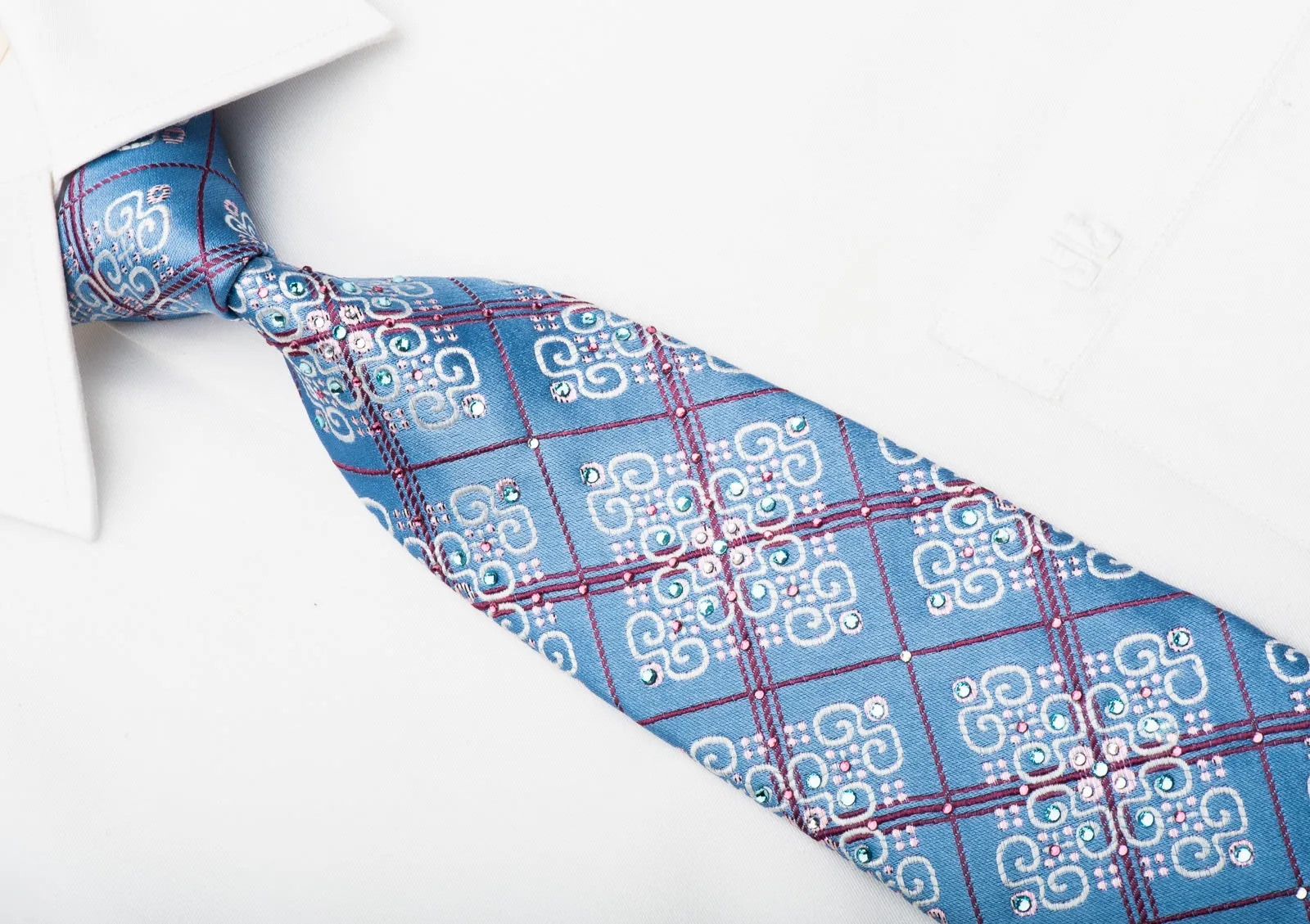 Metro City Rhinestone Necktie Burgundy Checker & Cartouche On Blue With Sparkles