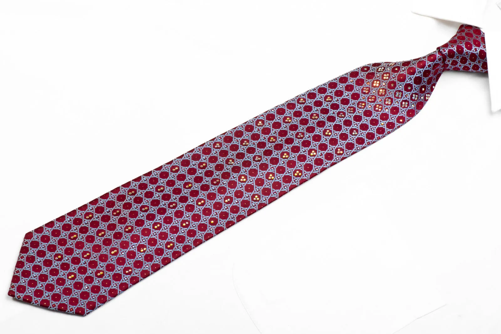 Metro City Rhinestone Silk Tie Blue Interlocking Trellis On Burgundy With Sparkles