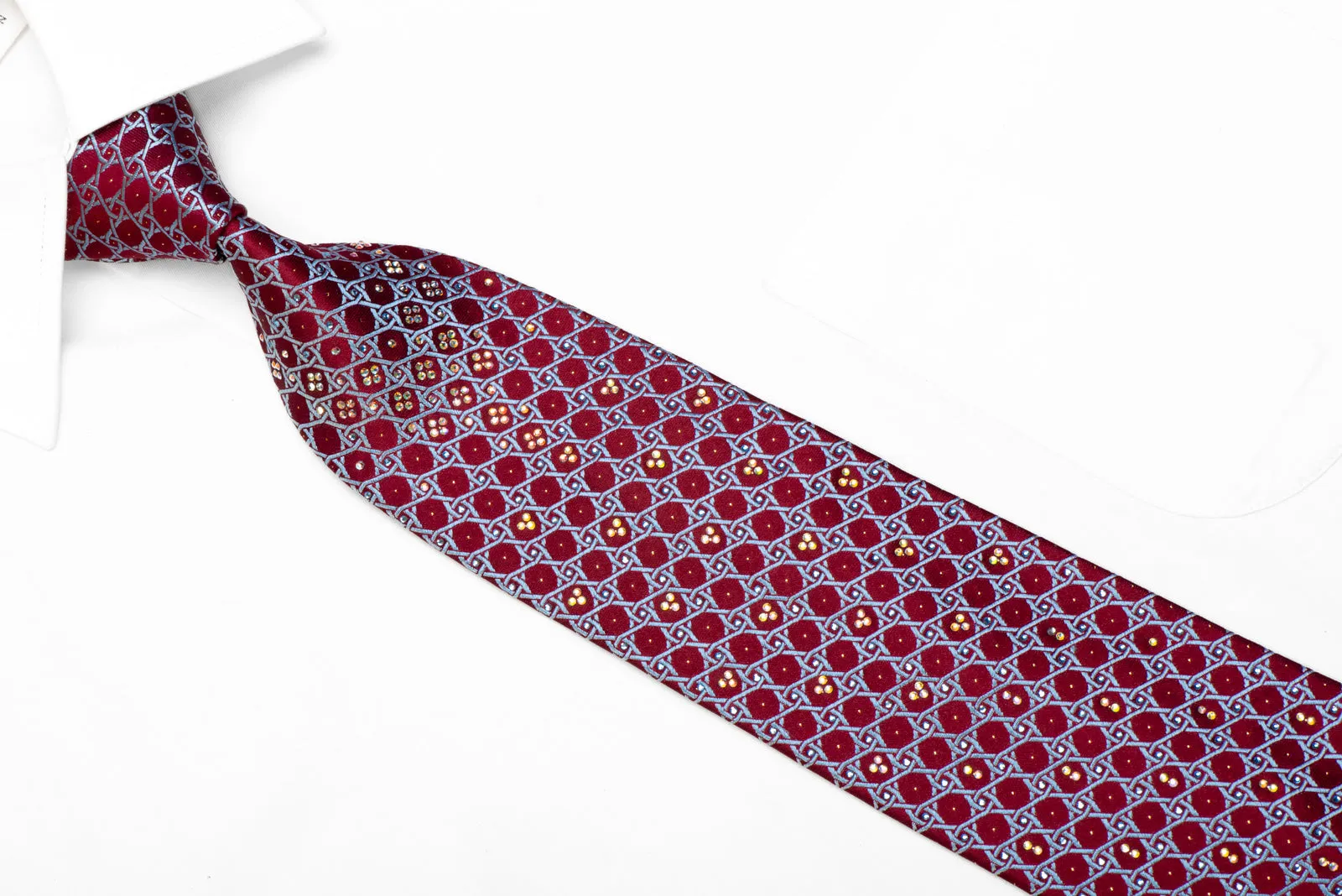 Metro City Rhinestone Silk Tie Blue Interlocking Trellis On Burgundy With Sparkles
