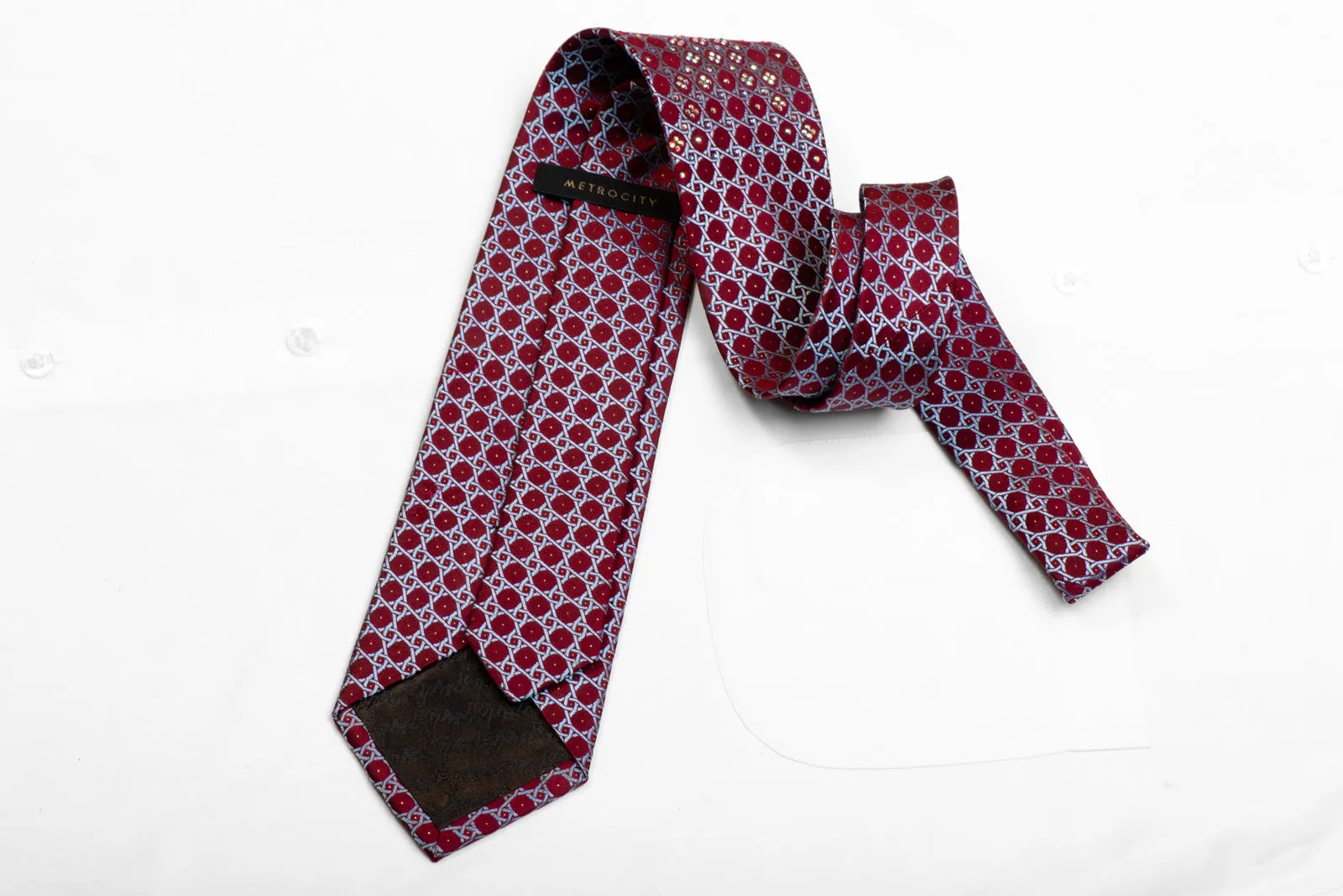 Metro City Rhinestone Silk Tie Blue Interlocking Trellis On Burgundy With Sparkles