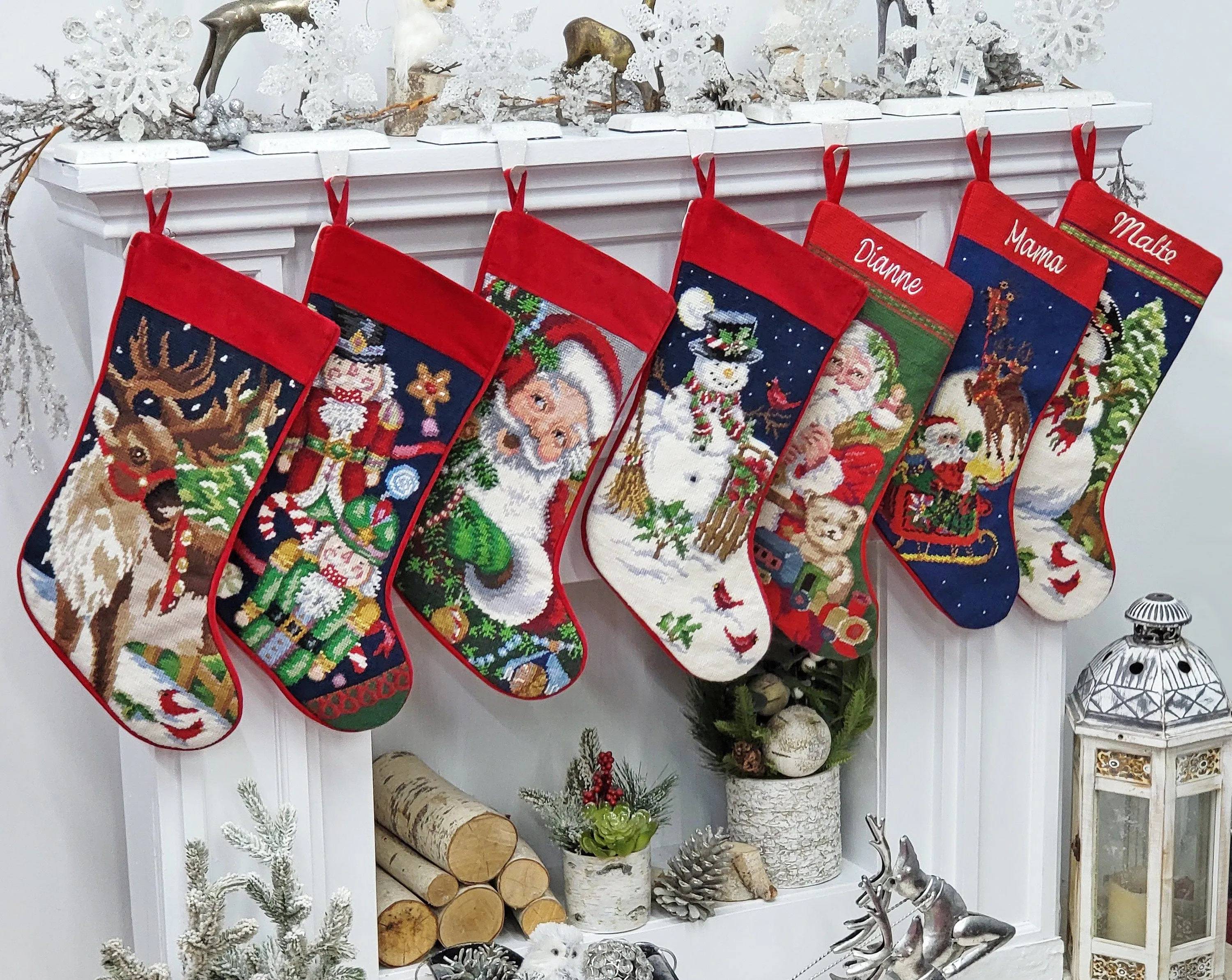 Needlepoint Christmas Stockings Personalized Santa Nutcracker Reindeer Snowman Old World Finished Embroidered Stockings with Names