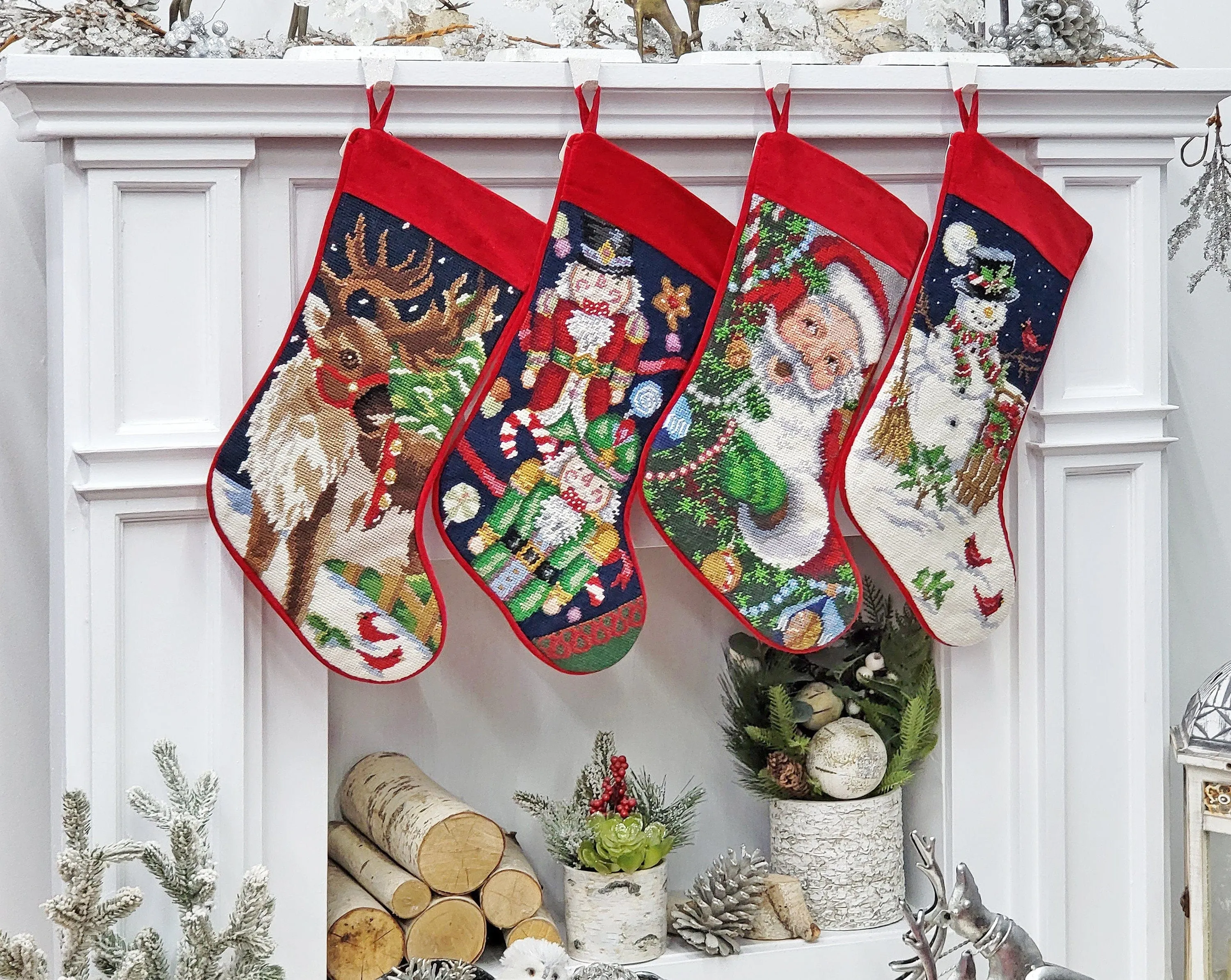 Needlepoint Christmas Stockings Personalized Santa Nutcracker Reindeer Snowman Old World Finished Embroidered Stockings with Names