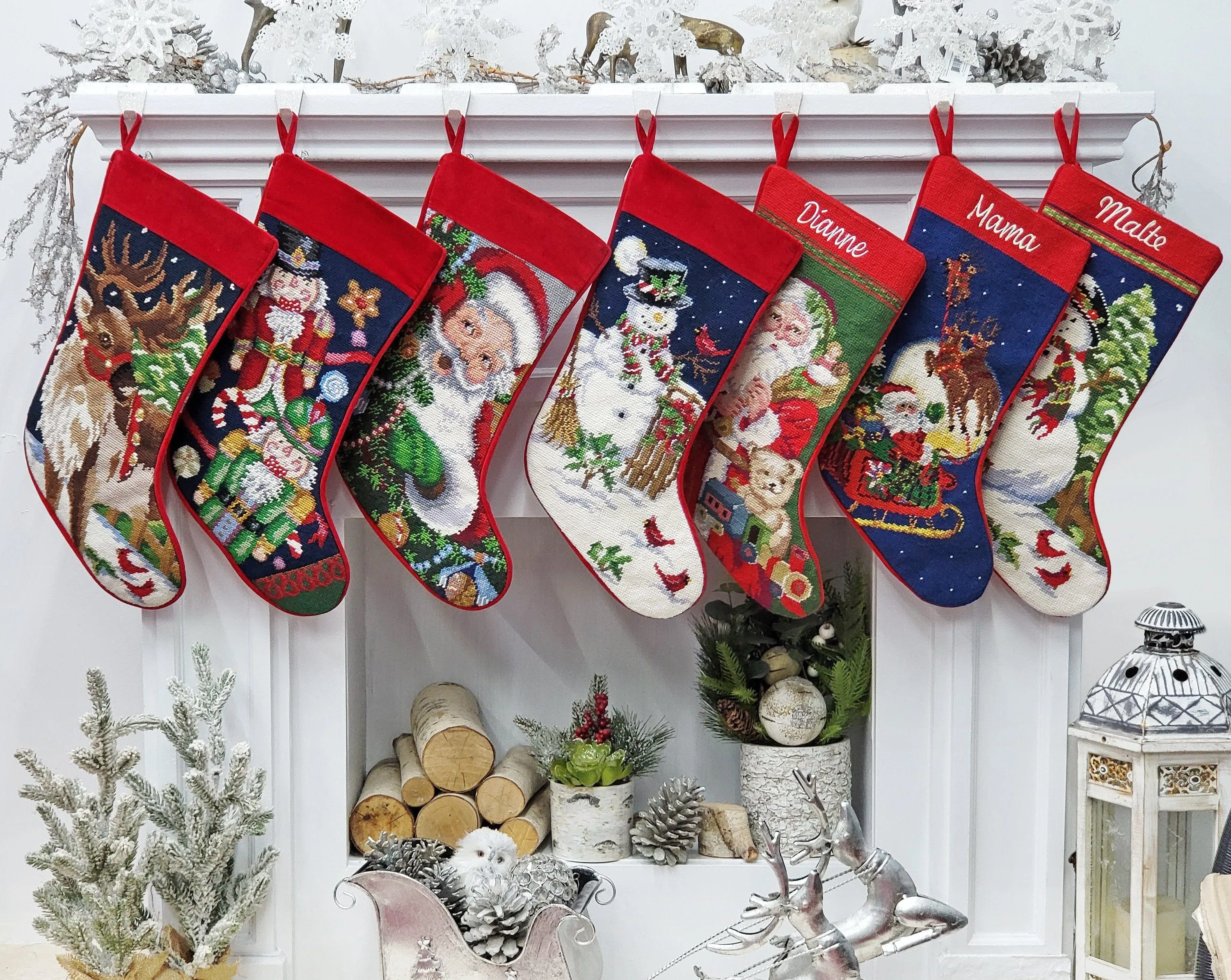 Needlepoint Christmas Stockings Personalized Santa Nutcracker Reindeer Snowman Old World Finished Embroidered Stockings with Names