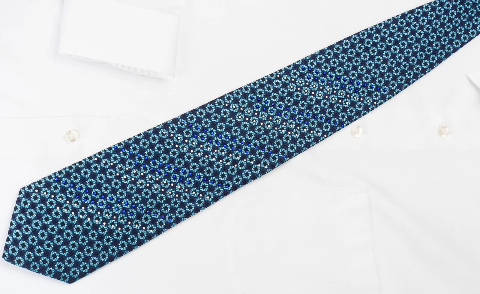 Odysseus Silk Rhinestone Necktie Chequer On Blue With Silver Sparkles