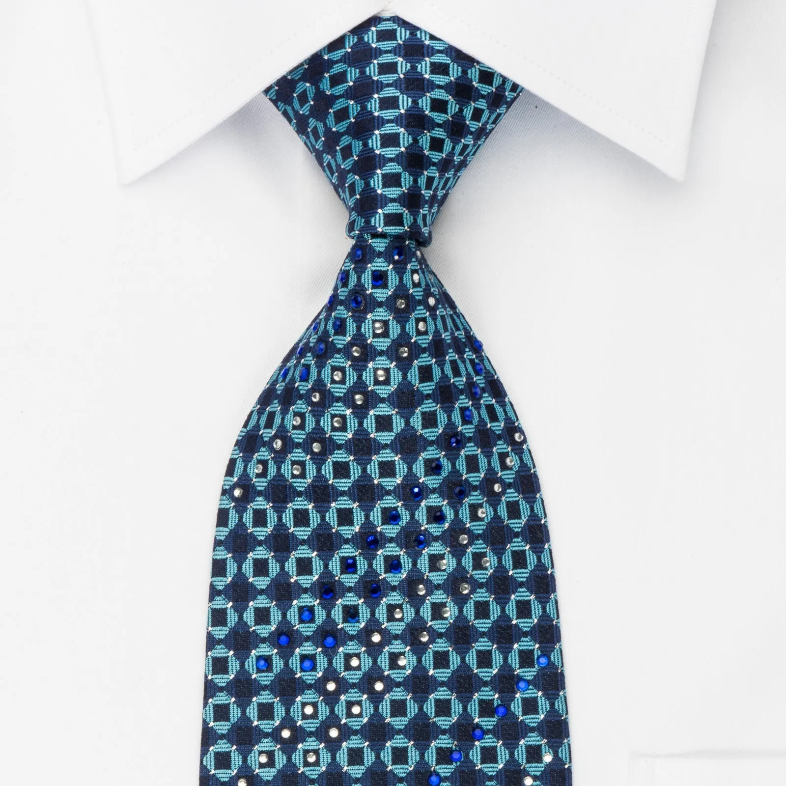 Odysseus Silk Rhinestone Necktie Chequer On Blue With Silver Sparkles