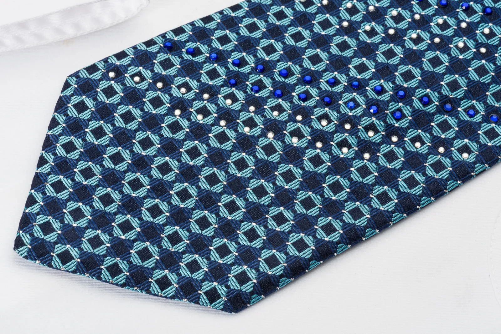 Odysseus Silk Rhinestone Necktie Chequer On Blue With Silver Sparkles
