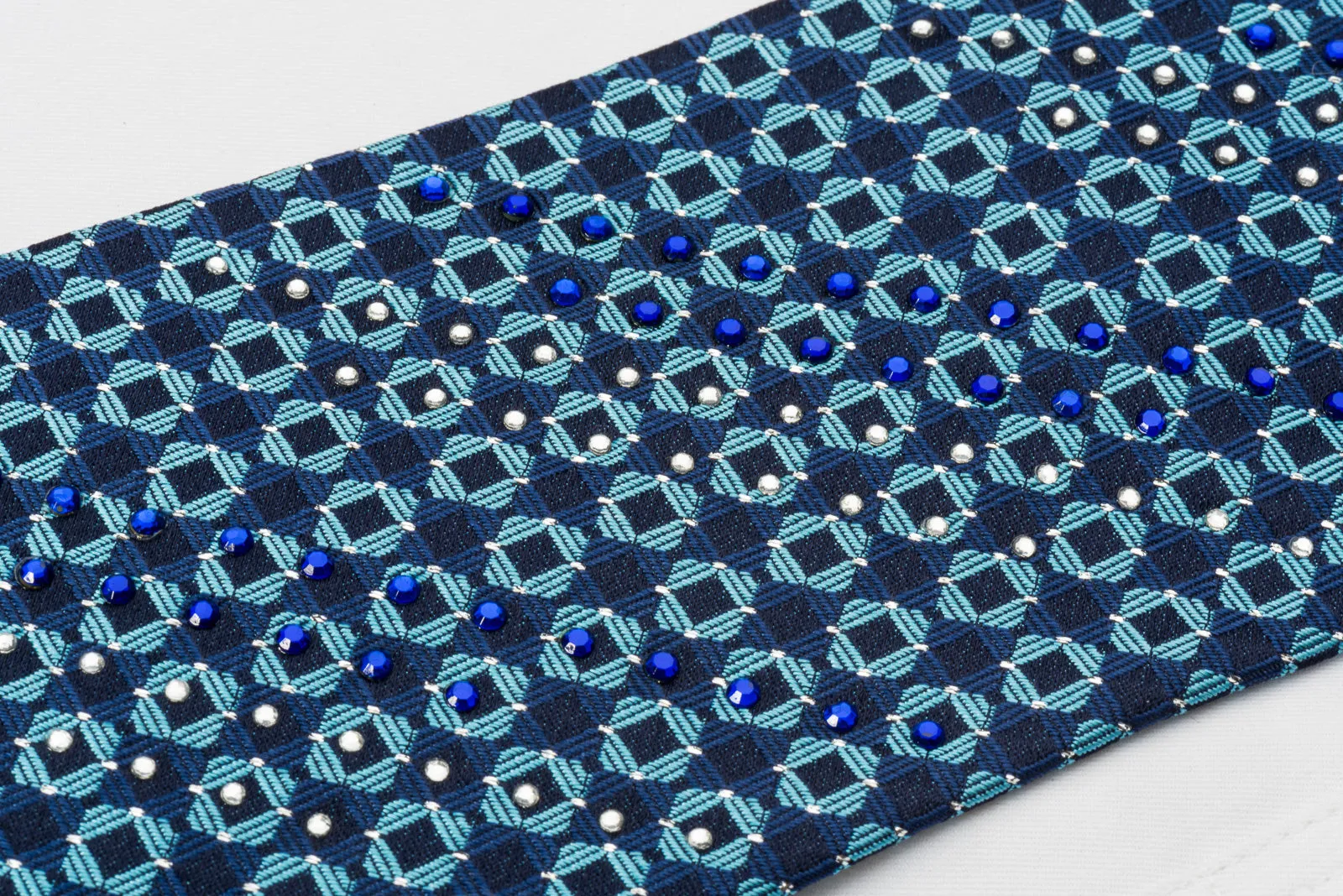 Odysseus Silk Rhinestone Necktie Chequer On Blue With Silver Sparkles