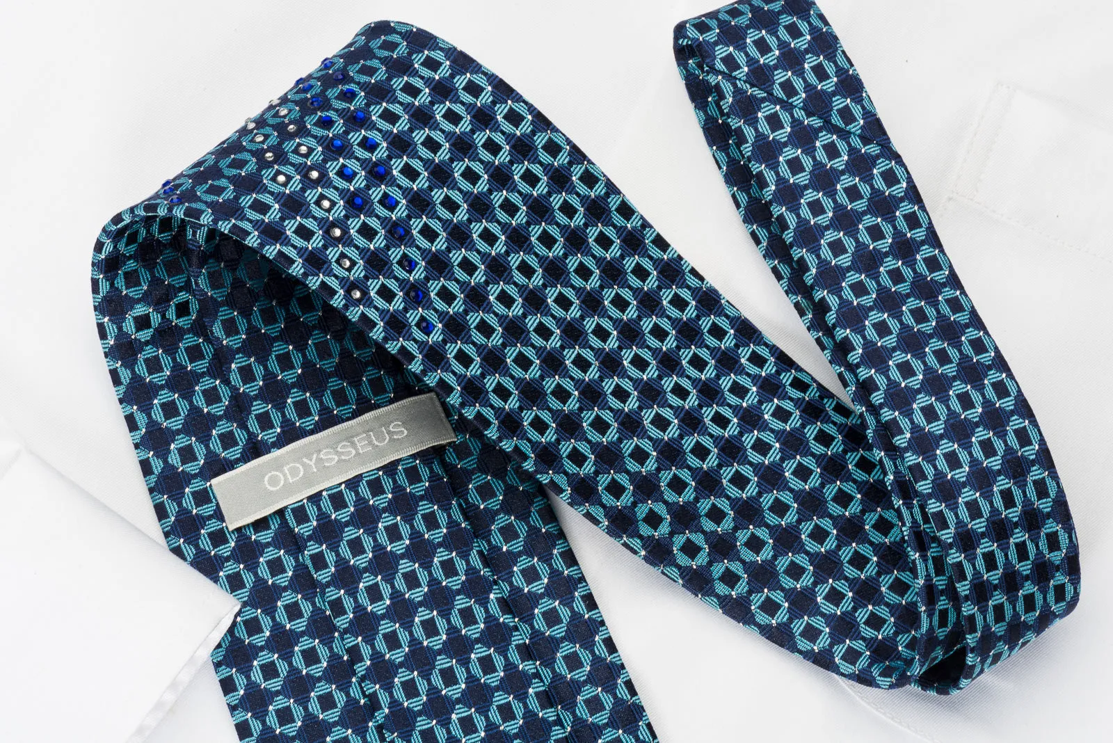Odysseus Silk Rhinestone Necktie Chequer On Blue With Silver Sparkles