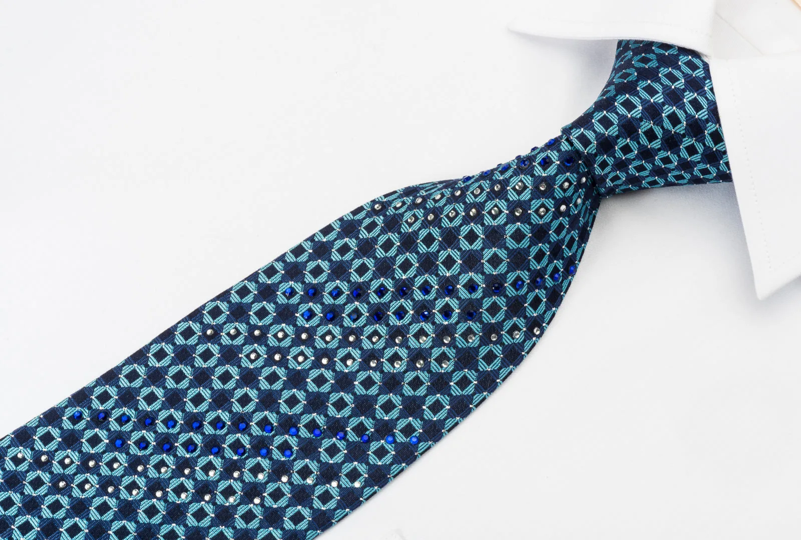 Odysseus Silk Rhinestone Necktie Chequer On Blue With Silver Sparkles