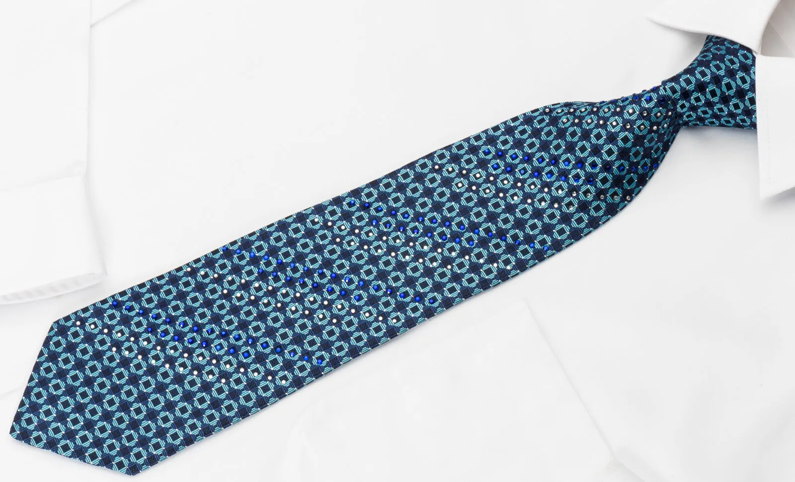 Odysseus Silk Rhinestone Necktie Chequer On Blue With Silver Sparkles