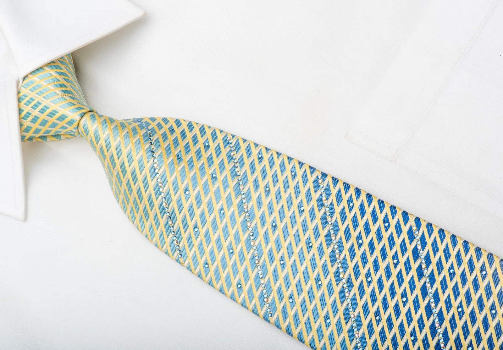 Park Land Men's Silk Necktie Yellow Lattice On Blue Sparkling With Rhinestones