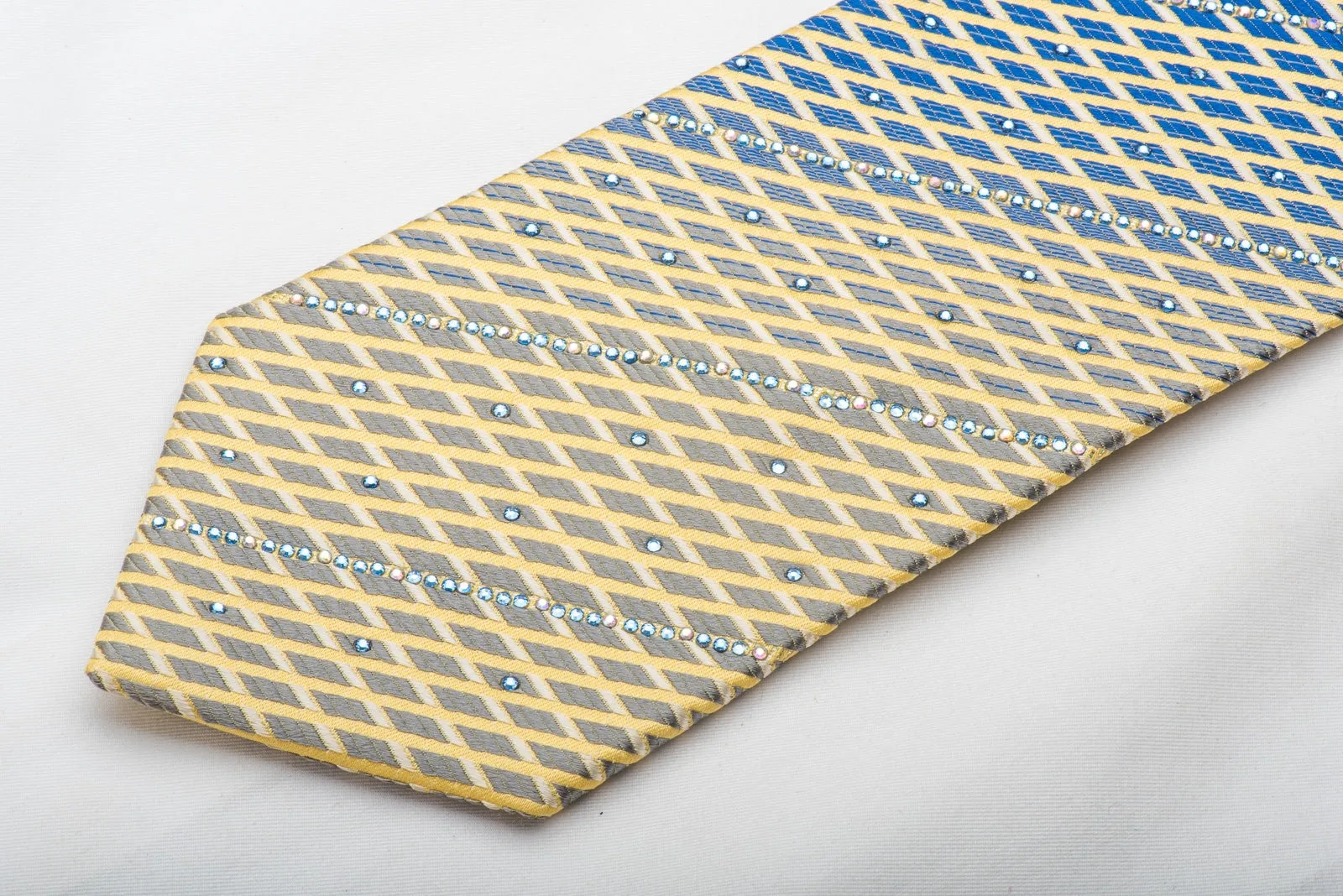 Park Land Men's Silk Necktie Yellow Lattice On Blue Sparkling With Rhinestones