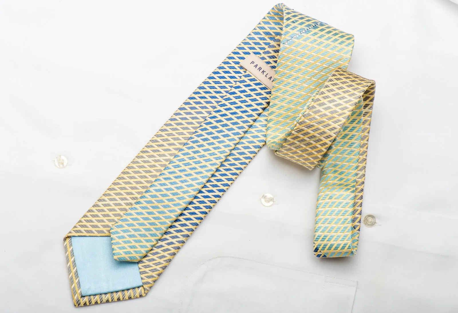 Park Land Men's Silk Necktie Yellow Lattice On Blue Sparkling With Rhinestones